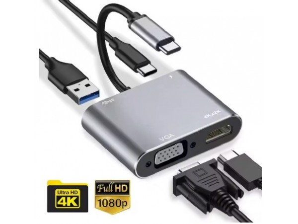 Pretvornik Thunderbolt 3 USB-C (m) => VGA (ž) IN HDMI 4K 1080P in za polnjenje c-type do 20V, ter usb prenos podatkov 5gbps